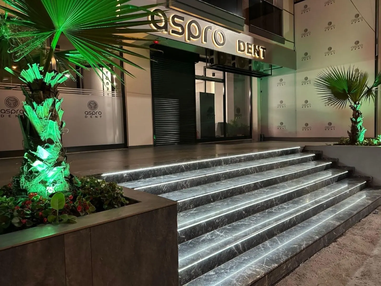 Gece aydınlatmasıyla klinik girişi